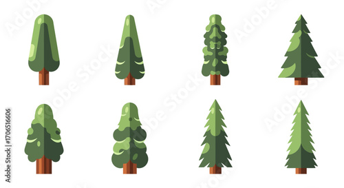 A diverse set of eight stylized, cartoonish evergreen pine trees with simple geometric shapes and green foliage.