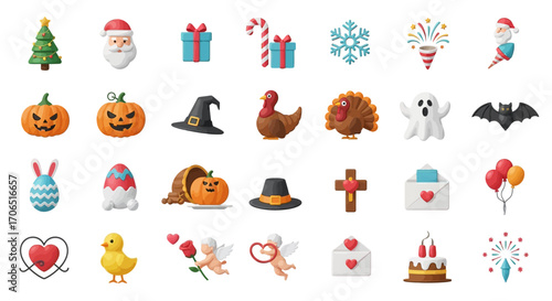 A vibrant collection of 3D cartoon icons representing major holidays like Christmas, Halloween, Easter, and Valentines Day.