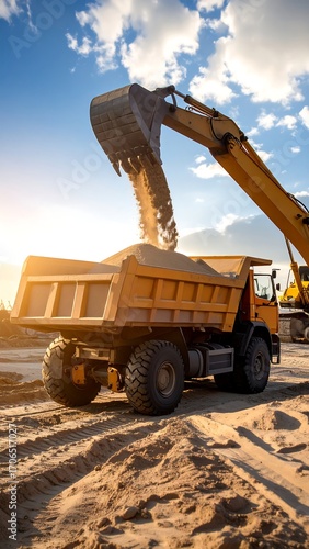 Excavator loads dump truck with sand at sunset