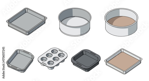 Assortment of Baking Pans and Muffin Tins in Isometric View.