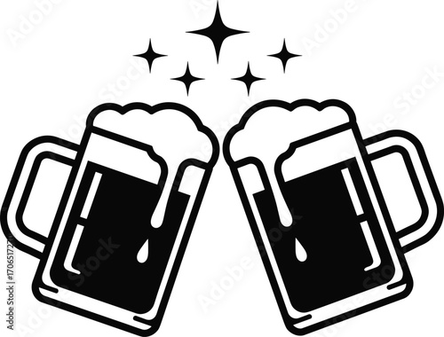 Two beer mugs clinking silhouette vector illustration, celebration drink icon, party toast design, alcohol beverage symbol, festive cheers graphic, isolated pub clipart