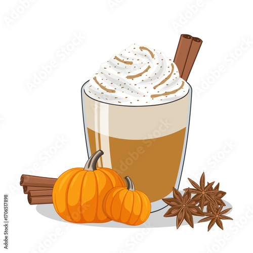 Pumpkin spice latte in a clear glass mug with milk foam, decorated with pumpkin, cinnamon stick, and star anise in front of the cup, cozy autumn drink on white background.