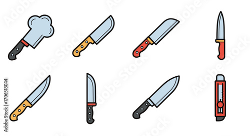 Collection of Assorted Kitchen Knives and Chefs Hat Illustration.