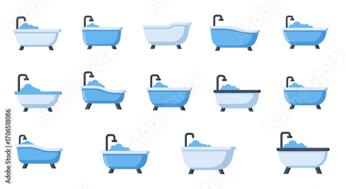 Collection of Bathtubs - Assorted Styles, Colors, and Designs with Faucets and Water.