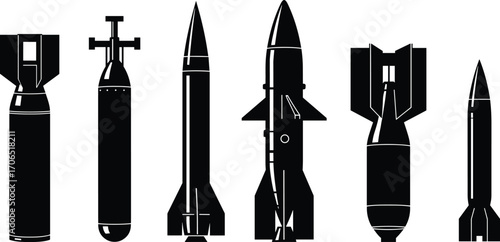 Military bombs and missiles silhouettes vector illustration, weapon and ammunition icon set, explosive ordnance design, defense and warfare equipment graphic clipart