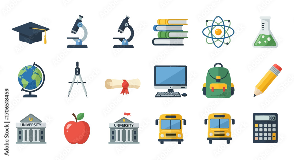 Obraz premium Collection of Colorful Flat School Icons Representing Education and Learning.