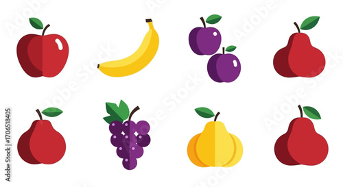 Collection of colorful flat design fruit icons - apple, banana, plum, pear, and grapes.