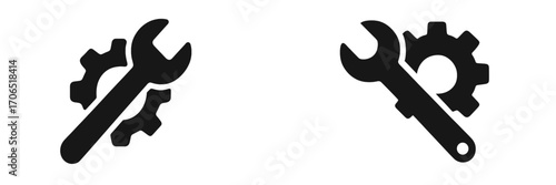 Wrench and gear symbols representing tools for mechanical work and engineering processes in a minimalist style