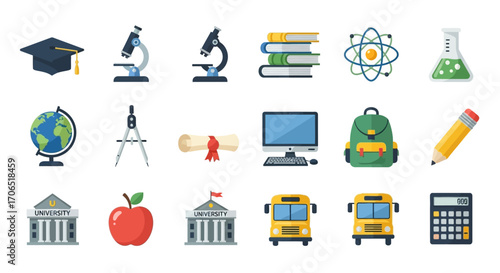 Collection of Colorful Flat School Icons Representing Education and Learning.