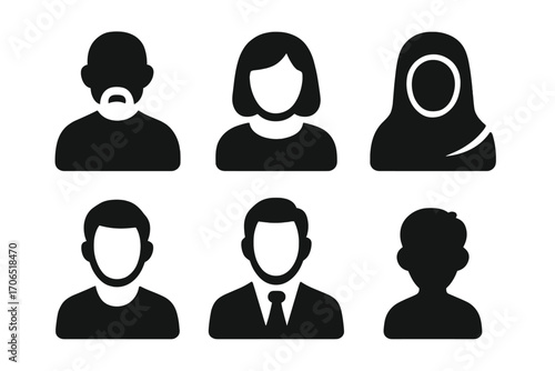 Silhouettes of diverse people representing different genders and cultures in a minimalist style on a white background
