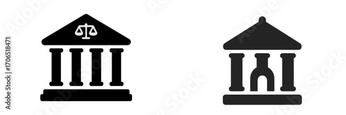 Iconic symbols representing justice and law in minimalist design style showing columns and scales