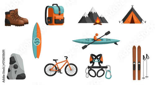 Collection of Colorful Outdoor Adventure Icons - Hiking Boots, Backpack, Surfboard, Kayak, and More.