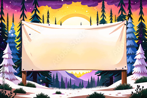 Huge white promotional banner in snowy forest clearing illustration vector, wilderness background, outdoor rustic surface, solitude scenic horizon, creative mockup design, dramatic minimal object