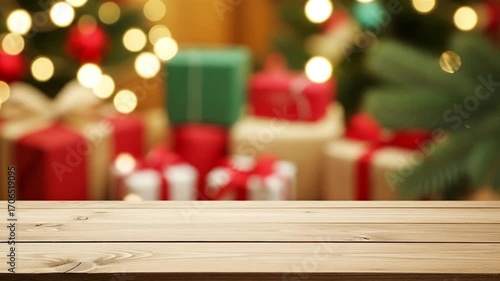 A light wooden table is in the foreground with a blurred background of yellow bokeh lights green foliage and red and green wrapped packages