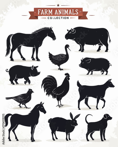 Illustration of farm animals collection featuring horse bull pig swan rooster rabbit and dogs in black silhouette