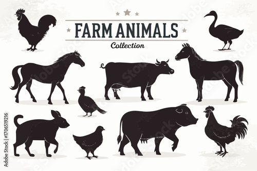 Collection of farm animals silhouettes including rooster, horse, cow, pig, goose, hen, and rabbit