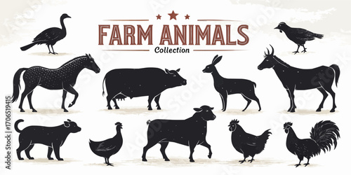 Illustration featuring a collection of various farm animals including birds, mammals, and livestock silhouettes