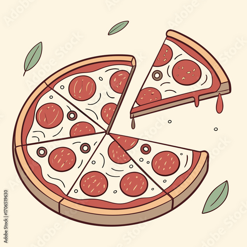 A delicious pepperoni pizza with a slice being lifted showing melted cheese dripping surrounded by fresh green leaves and small circles on a light cream background