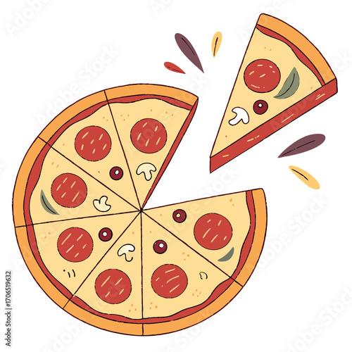 A delicious pepperoni mushroom and olive pizza with a slice removed and colorful abstract shapes floating around it
