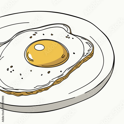 A simple hand drawn illustration of a sunny side up fried egg with a bright yellow yolk served on a white plate with a gray rim against a plain background