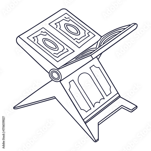 A simple line art illustration of an open book resting on a wooden stand symbolizing religious study and devotion