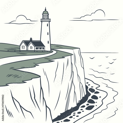 A solitary lighthouse and keeper s cottage stand sentinel on a dramatic white cliff overlooking a rocky shoreline and the vast ocean under a cloudy sky