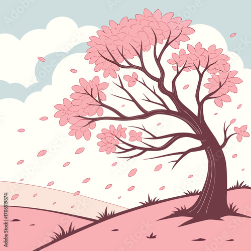 A solitary blooming cherry blossom tree with falling petals against a pastel sky and rolling hills in a gentle spring breeze