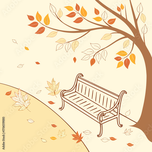 A solitary park bench sits beneath a stylized tree with falling autumn leaves in warm orange and yellow hues against a soft cream background