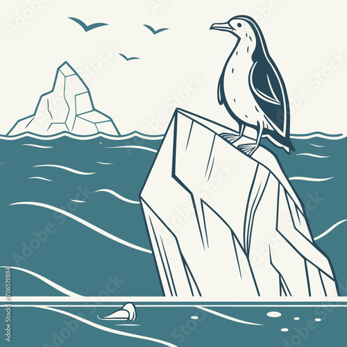 A solitary seagull perches majestically atop a jagged iceberg in the vast ocean with distant ice formations and flying birds overhead