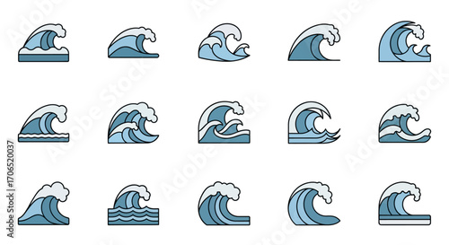 Collection of stylized blue ocean wave icons with white foam crests and bold black outlines.