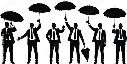 Business people with umbrellas silhouettes vector illustration, corporate professional icon set, rainy day office worker design, business attire graphic clipart