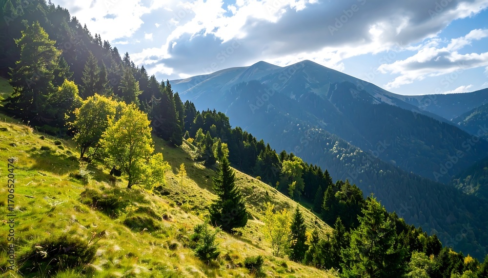 Fototapeta premium Mountain landscape with sunlit forest