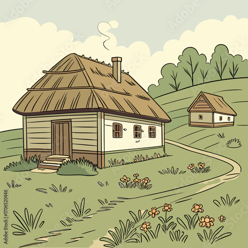 Charming illustration of a traditional thatched roof house with smoke rising from the chimney in a peaceful rural landscape with rolling hills and wildflowers