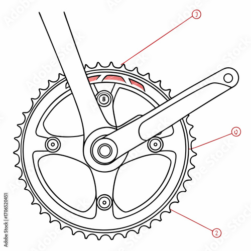Close up illustration of a bicycle crankset with chainrings and crank arm highlighting specific components with red markers and numbers for identification