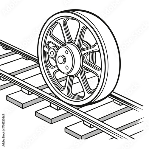 Close up illustration of a single vintage train wheel resting on a section of railway track with wooden sleepers and metal rails