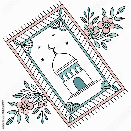 Decorative islamic prayer mat featuring a mosque silhouette with crescent moon and stars surrounded by delicate floral elements in soft pastel colors