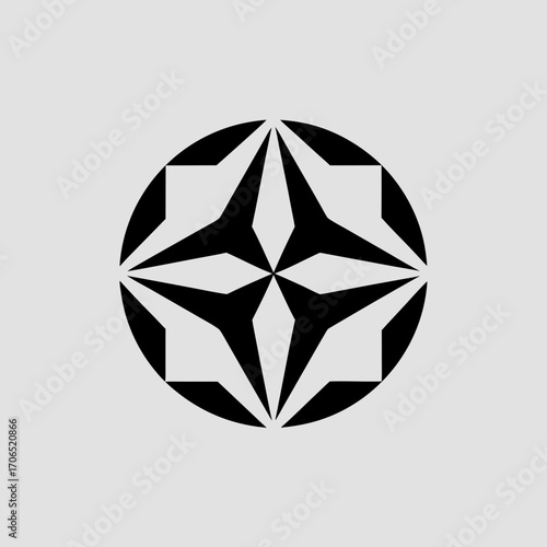 Geometric black starburst pattern within a circle on a light gray background representing symmetry and abstract design