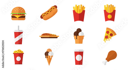 Colorful collection of flat design fast food icons, including a burger, pizza, fries, and soda.