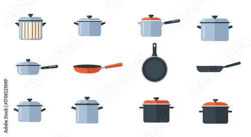 Colorful collection of kitchen cookware icons. Flat vector illustration set of various pots, pans, and saucepans.