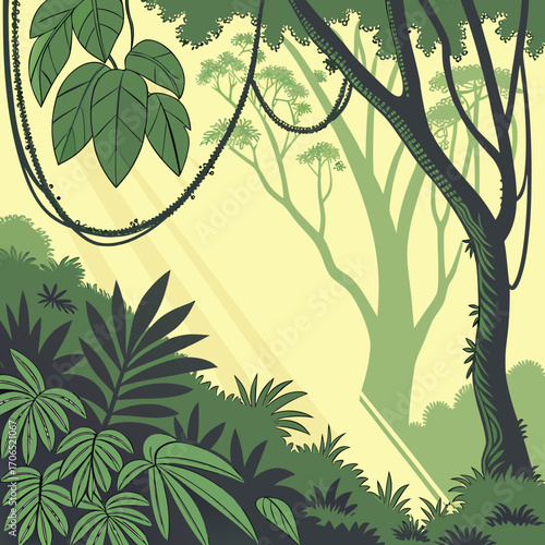 Lush green jungle foliage with hanging vines and dappled sunlight filtering through the dense canopy creating a serene natural environment