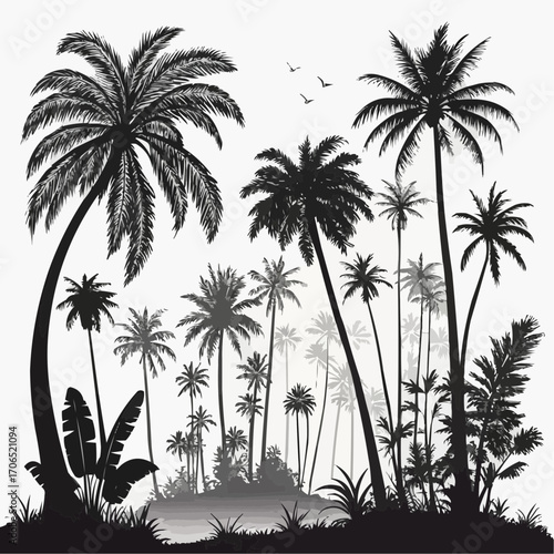Silhouette illustration of a tropical landscape with palm trees and birds in the sky scenery view