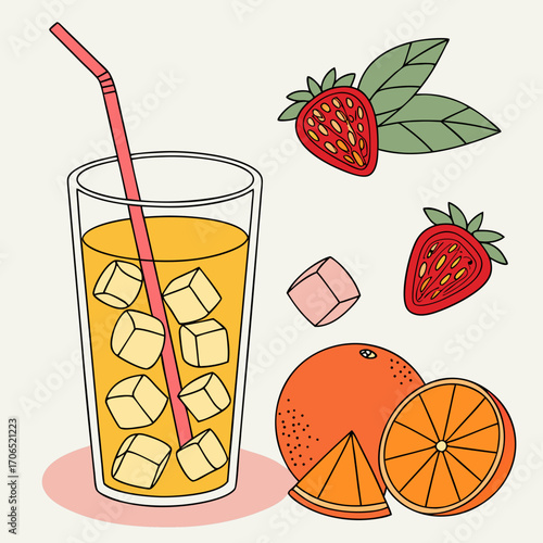 Refreshing glass of orange juice with ice cubes and a pink straw surrounded by fresh strawberries and orange slices on a light background