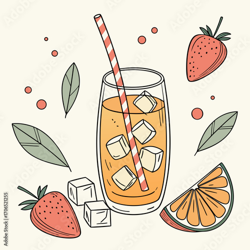 Refreshing orange juice in a tall glass with ice cubes and a striped straw surrounded by strawberries orange slices leaves and small circles on a light background