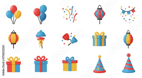 Colorful Flat-Style Party Icons - Balloons, Gifts, Lanterns, and Confetti.