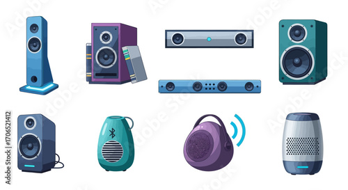 Colorful illustrated set of modern audio speakers, featuring tower, bookshelf, soundbar, and portable Bluetooth models.