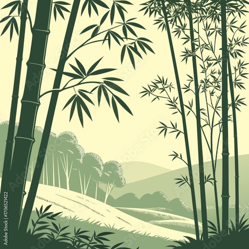 Serene bamboo forest vista with rolling hills and lush foliage creating a tranquil natural landscape in a minimalist style