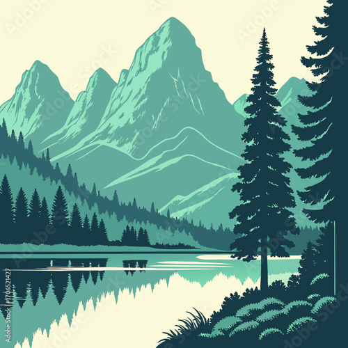 Serene mountain landscape with a calm lake reflecting majestic peaks and dark evergreen forests under a pale sky