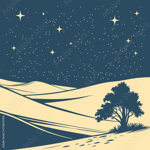 Serene night landscape with rolling hills under a starry sky and a solitary tree casting shadows on the ground