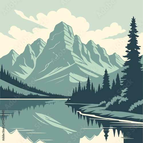 Serene mountain range reflected in a calm lake surrounded by pine trees under a cloudy sky in a minimalist retro style