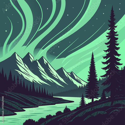 Serene northern lights illuminate majestic snow capped mountains above a tranquil river and dark pine forest landscape